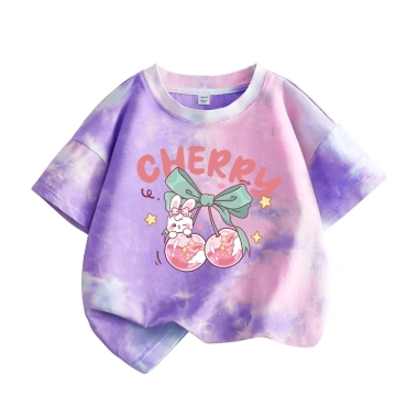 Áo thun bé gái 100% Cotton Tie‑Dye thời trang ngắn tay in hình anh đào - 120.000₫