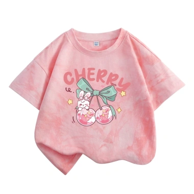 Áo thun bé gái 100% Cotton Tie‑Dye thời trang ngắn tay in hình anh đào - 120.000₫