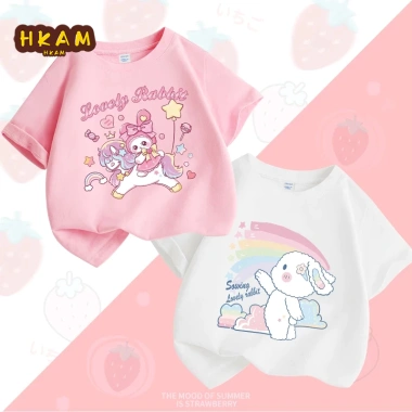 Áo thun bé gái 2.024 ngắn tay trẻ em in hình thỏ cầu vồng, mềm thoải, giá 89.000 VNĐ