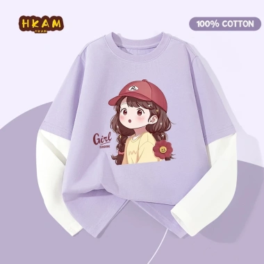 Áo Thun Bé Gái Cotton 100% Dài Tay - Mềm Mại, Thoáng Khí, In Hình Cô Gái Dễ Thương 120k
