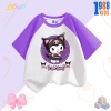 Áo thun bé gái cotton tay tím in Kuromi & Mylody, size 15‑40kg, giá 90k