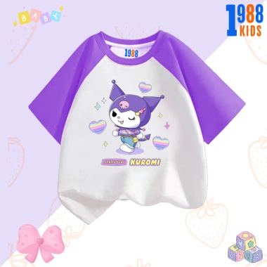 Áo thun bé gái cotton tay tím in Kuromi & Mylody, size 15‑40kg, giá 90k