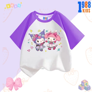 Áo thun bé gái cotton tay tím in Kuromi & Mylody, size 15‑40kg, giá 90k