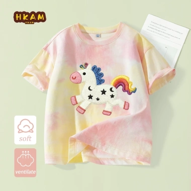 Áo thun bé gái HKAM 100% Cotton Tie‑Dye ngắn tay, in chú ngựa búp bê 120k