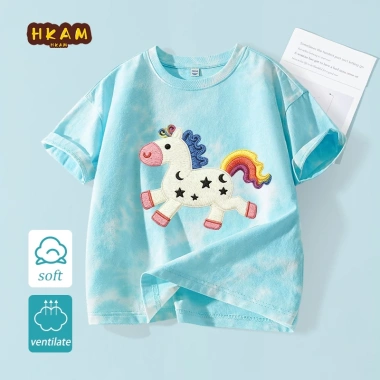 Áo thun bé gái HKAM 100% Cotton Tie‑Dye ngắn tay, in chú ngựa búp bê 120k