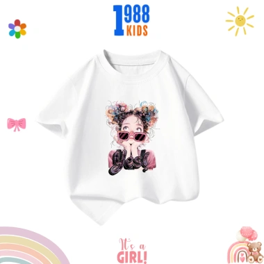 Áo thun bé gái in cô gái đeo kính, cotton thoáng mát, mã 43 - Giá 90.000đ