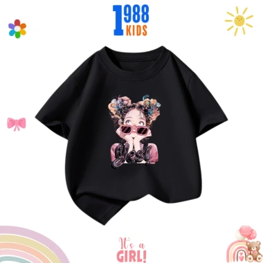 Áo thun bé gái in cô gái đeo kính, cotton thoáng mát, mã 43 - Giá 90.000đ