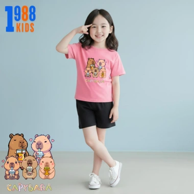 Áo thun bé gái in hình capybara đa dạng màu hồng tay ghi, size 15-56kg giảm giá 90k 4