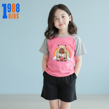 Áo thun bé gái in hình capybara đa dạng màu hồng tay ghi, size 15-56kg giảm giá 90k 6