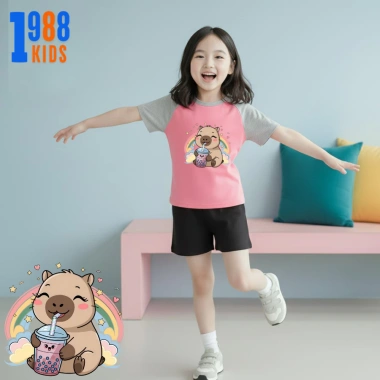 Áo thun bé gái in hình capybara đa dạng màu hồng tay ghi, size 15-56kg giảm giá 90k 9
