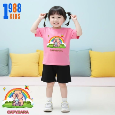 Áo thun bé gái in hình capybara đa dạng màu hồng tay ghi, size 15-56kg giảm giá 90k 10