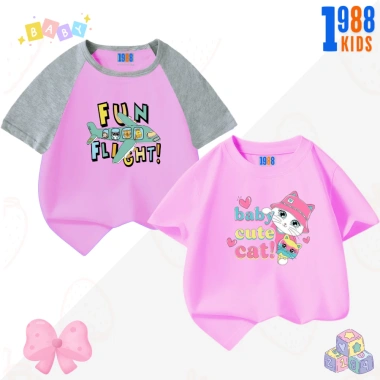 Áo thun bé gái in hình đáng yêu HT01 cotton mỏng, nhiều màu, size 15‑38kg, 90.000₫