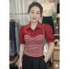 Áo Thun Cổ Sơ Mi Nữ Tay Phồng Phối Sọc Thanh Lịch Dùng Đi Làm Đi Chơi 179.000 VNĐ