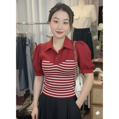 Áo Thun Cổ Sơ Mi Nữ Tay Phồng Phối Sọc Thanh Lịch Dùng Đi Làm Đi Chơi 179.000 VNĐ