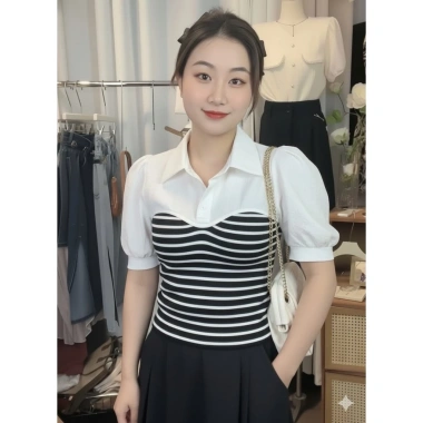Áo Thun Cổ Sơ Mi Nữ Tay Phồng Phối Sọc Thanh Lịch Dùng Đi Làm Đi Chơi 179.000 VNĐ 3 Áo Thun Cổ Sơ Mi Nữ Tay Phồng Phối Sọc Thanh Lịch Dùng Đi Làm Đi Chơi 179.000 VNĐ 3