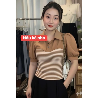 Áo Thun Cổ Sơ Mi Nữ Tay Phồng Phối Sọc Thanh Lịch Dùng Đi Làm Đi Chơi 179.000 VNĐ