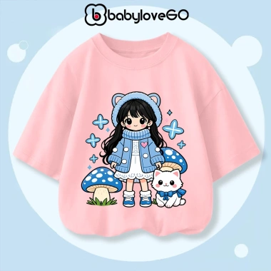 Áo thun Cotton bé gái BabyloveGO tay lỡ rộng, in hình cute dễ thương - 119.000₫