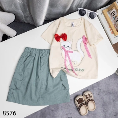 Áo Thun Cotton Hình Mèo Nơ, Chân Váy Kaki, Túi Hộp Thời Trang Bé Gái 11-40kg Giá 210.000₫