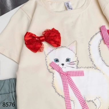 Áo Thun Cotton Hình Mèo Nơ, Chân Váy Kaki, Túi Hộp Thời Trang Bé Gái 11-40kg Giá 210.000₫