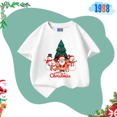 Áo thun cotton trắng 1.988kids in hình Ông già Noel cho bé trai, bé gái - 90.000đ
