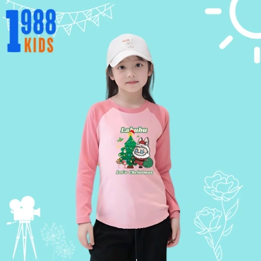 Áo thun dài tay bé gái Labubu ông già Noel, cotton giữ nhiệt 15-38kg, mã TED02, giá ưu đãi 78.500₫