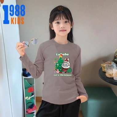Áo thun dài tay bé gái Labubu ông già Noel, cotton giữ nhiệt 15-38kg, mã TED02, giá ưu đãi 78.500₫