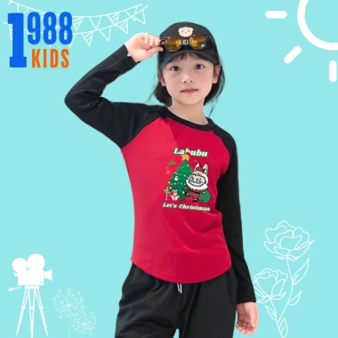 Áo thun dài tay bé gái Labubu ông già Noel, cotton giữ nhiệt 15-38kg, mã TED02, giá ưu đãi 78.500₫