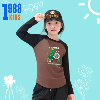 Áo thun dài tay bé gái Labubu ông già Noel, cotton giữ nhiệt 15-38kg, mã TED02, giá ưu đãi 78.500₫