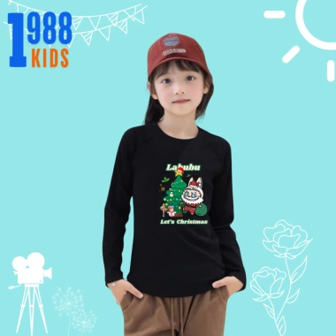 Áo thun dài tay bé gái Labubu ông già Noel, cotton giữ nhiệt 15-38kg, mã TED02, giá ưu đãi 78.500₫