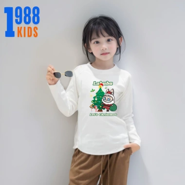 Áo thun dài tay bé gái Labubu ông già Noel, cotton giữ nhiệt 15-38kg, mã TED02, giá ưu đãi 78.500₫