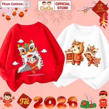 Áo Thun Dài Tay Tết Bính Ngọ Múa Lân 2.026 cho Bé Trai, Bé Gái, Vải Cotton, CIUCIU KID