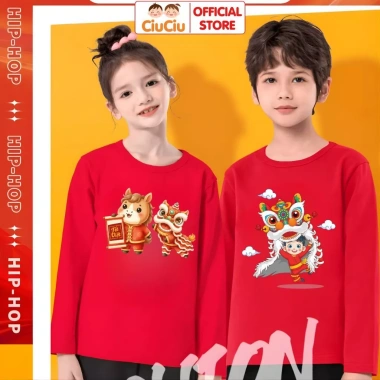 Áo Thun Dài Tay Tết Bính Ngọ Múa Lân 2.026 cho Bé Trai, Bé Gái, Vải Cotton, CIUCIU KID 3 Áo Thun Dài Tay Tết Bính Ngọ Múa Lân 2.026 cho Bé Trai, Bé Gái, Vải Cotton, CIUCIU KID 3