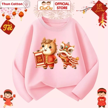 Áo Thun Dài Tay Tết Bính Ngọ Múa Lân 2.026 cho Bé Trai, Bé Gái, Vải Cotton, CIUCIU KID