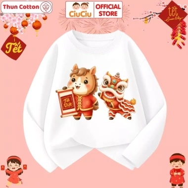 Áo Thun Dài Tay Tết Bính Ngọ Múa Lân 2.026 cho Bé Trai, Bé Gái, Vải Cotton, CIUCIU KID