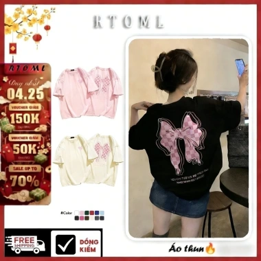 Áo thun Đen Hàn Quốc nữ oversize 100% cotton nơ in hình cô tròn - Giá 69.000đ