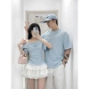 Áo thun đôi xanh bèo trắng lệch vai siêu xinh - Giá 168k DESTINY COUPLE 2