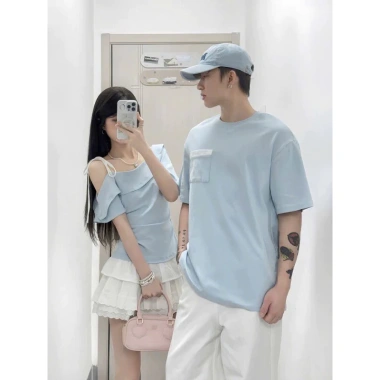 Áo thun đôi xanh bèo trắng lệch vai siêu xinh - Giá 168k DESTINY COUPLE