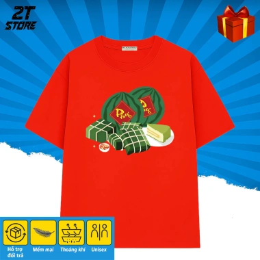 Áo Thun Form Rộng Unisex Thoáng Mát In Hình Bánh Chưng Dưa Hấu Tết 2.026 M-XXL
