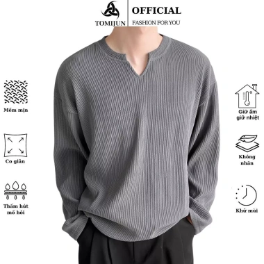 Áo thun gân tăm nam dài tay cổ tròn TOMIJUN co giãn 4 chiều unisex trẻ trung năng động
