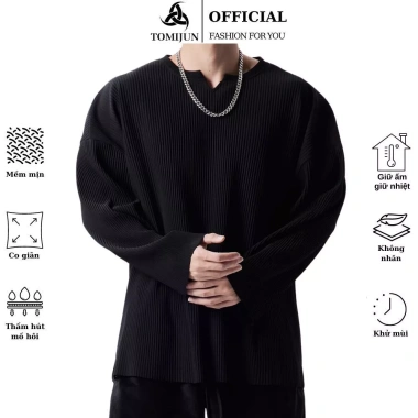 Áo thun gân tăm nam dài tay cổ tròn TOMIJUN co giãn 4 chiều unisex trẻ trung năng động