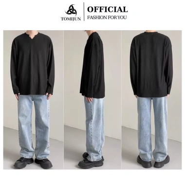 Áo thun gân tăm nam dài tay cổ tròn TOMIJUN co giãn 4 chiều unisex trẻ trung năng động