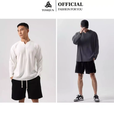 Áo thun gân tăm nam dài tay cổ tròn TOMIJUN co giãn 4 chiều unisex trẻ trung năng động