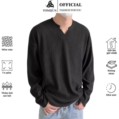 Áo thun gân tăm nam dài tay cổ tròn TOMIJUN co giãn 4 chiều unisex trẻ trung năng động