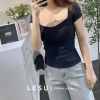 Áo thun gân trơn cổ U tay ngắn - Ảnh tự chụp, chất liệu co giãn, giảm còn 163k 2