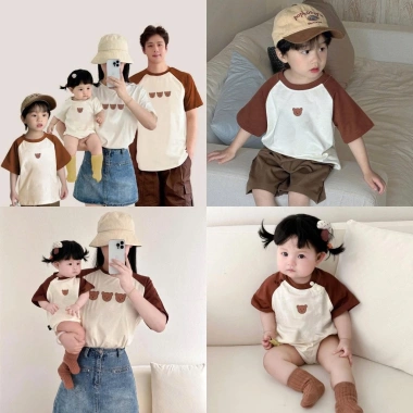 Áo thun gia đình kem tay nâu in gấu nhỏ, cotton 100% co giãn 4C, mát nhẹ, giá ưu đãi 153k