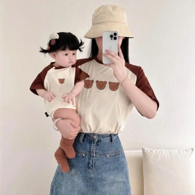 Áo thun gia đình kem tay nâu in gấu nhỏ, cotton 100% co giãn 4C, mát nhẹ, giá ưu đãi 153k