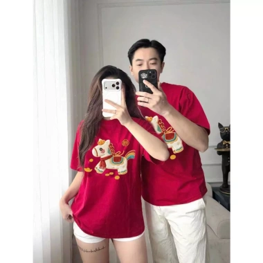 Áo Thun Gia Đình Ngựa In Giả Thêu Đỏ Đô Nam Nữ MC HOUSE Cổ Tròn Tay Lỡ Rộng 119k 4