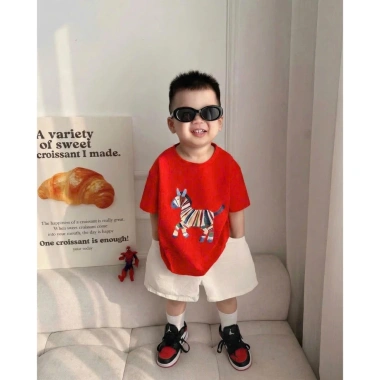 Áo Thun Gia Đình Unisex Đỏ Cổ Tròn Ngắn Tay In Ngựa Vằn Đa Sắc Cotton Thoáng Mát 95k 3