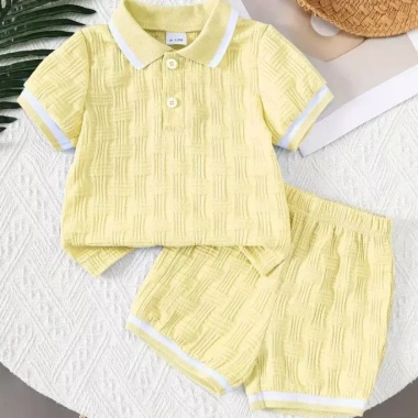 Áo thun Hàn Quốc bé trai mùa hè mỏng 2 bộ, nút tay ngắn + quần short polyester Giá ưu đãi 403.303 VND 3