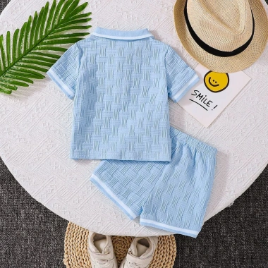 Áo thun Hàn Quốc bé trai mùa hè mỏng 2 bộ, nút tay ngắn + quần short polyester Giá ưu đãi 403.303 VND 4